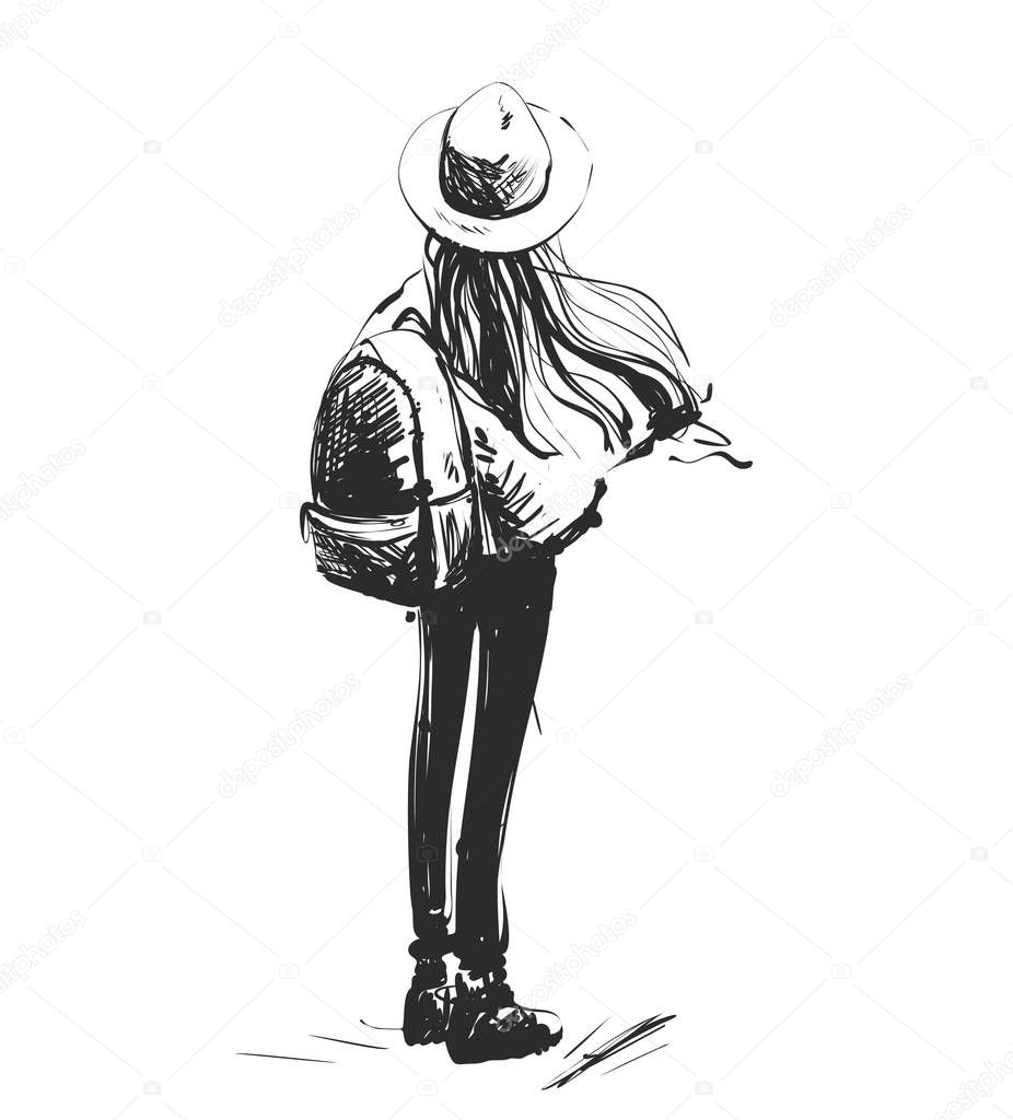 Decision, choice. Travel. Vector illustration, business concept, hand drawn sketch. The beginning of the road. Girl in the hat with backpack