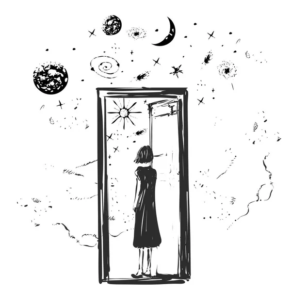 Chica abrir la puerta con estrellas, la cepilladora y el mes en el otro lado, podría ser un concepto para el cielo, portal o espacio. Ilustración del boceto — Archivo Imágenes Vectoriales
