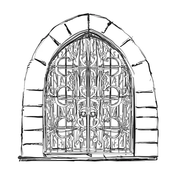 Pareja delineada de puertas abiertas rodeada de un diseño arquitectónico ornamentado. Boceto de la meta . — Archivo Imágenes Vectoriales