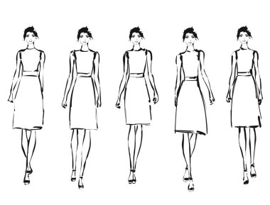 Siyah ve beyaz moda modelleri kroki tarzı. El vektör çizim çekilmiş. Poz