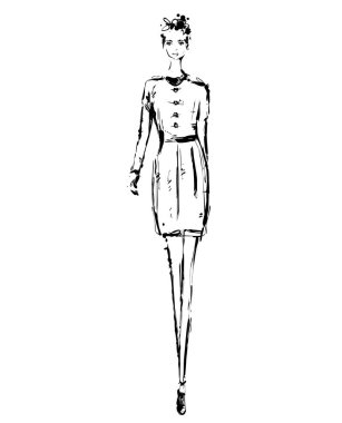 Elbise, elle çizilmiş doodle, kroki, anahat siyah beyaz vektör moda illüstrasyon soyut ücretsiz modelinde. Kız