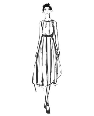 Elbise, elle çizilmiş doodle, kroki, anahat siyah beyaz vektör moda illüstrasyon soyut ücretsiz modelinde. Kız