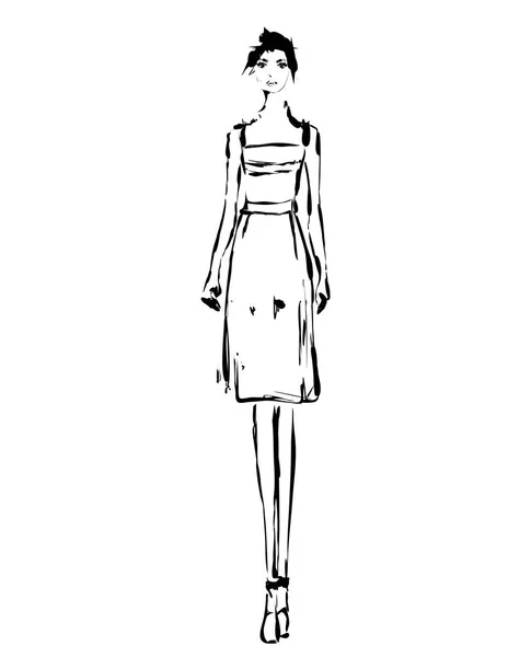 Modèle abstrait gratuit en robe, gribouillage dessiné à la main, croquis, contour vectoriel noir et blanc illustration de mode. Fille — Image vectorielle