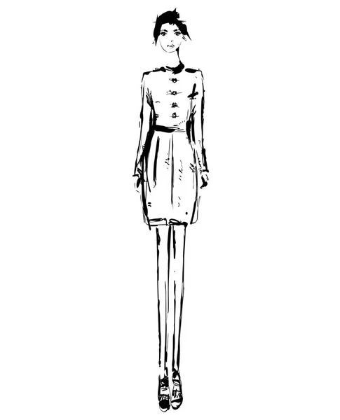 Abstraktní model volné šaty, ručně tažené doodle, skica, obrys černé a bílé Vektorové módní ilustrace. Děvče — Stockový vektor
