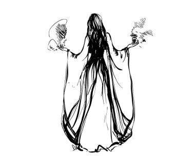 El çizilmiş vektör karikatür cadı kız beyaz arka plan üzerinde izole. Sihirli kroki