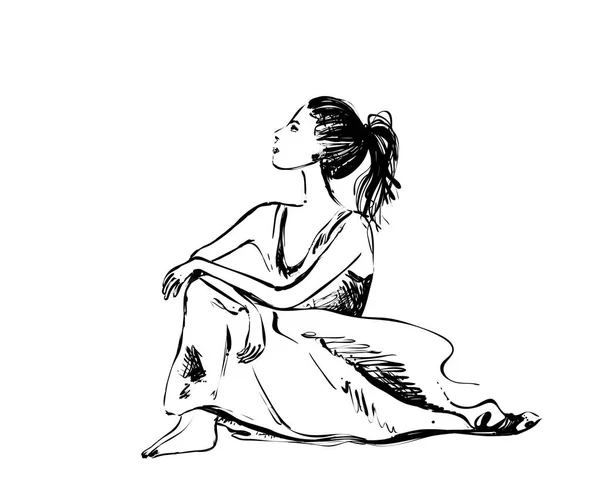 Uno sketch da ragazza dei sogni. Arte vettoriale disegno di bella giovane donna pensando e guardando verso l'alto . — Vettoriale Stock