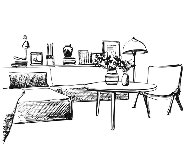 Wohnzimmer Grafik schwarz weiß Innenraum Skizze Illustration — Stockvektor