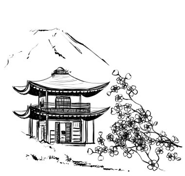 Castle. Sakura. Bina, dağlar ve çiçekler ile artalanları