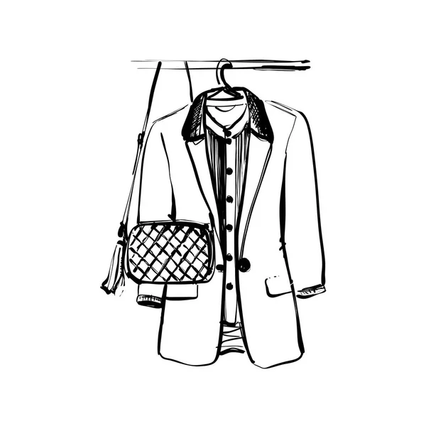 손으로 그린된 옷장 밑그림입니다. 재킷과 핸드백 굶주림에. 흑백 — 스톡 벡터