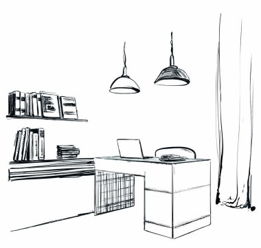 Çalışma alanı office kroki. Mobilya, el çekilmiş kitabı raflar