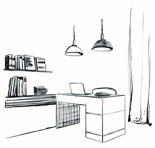 Esboço do escritório da área de trabalho. Mobiliário, prateleiras de livros desenhadas à mão — Vetor de Stock