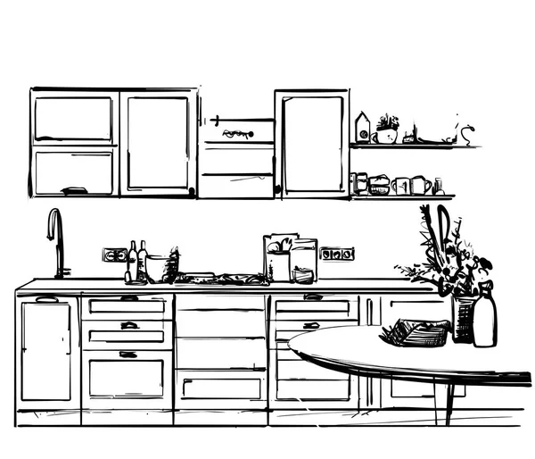 Dibujo interior de cocina, ilustración vectorial. Bosquejo de mesa de cena — Archivo Imágenes Vectoriales