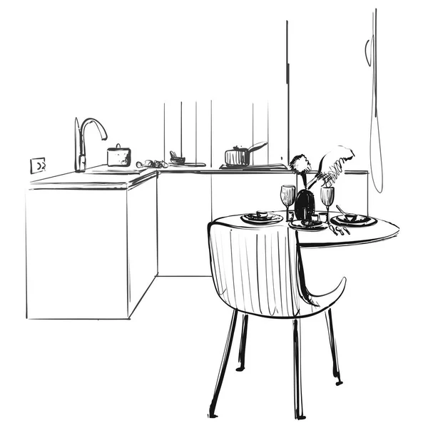 Gambar interior dapur, ilustrasi vektor. Sketsa meja makan malam - Stok Vektor