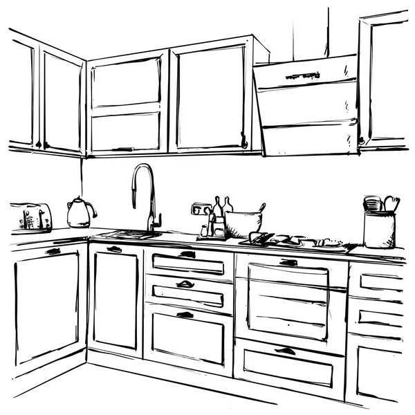 Dibujo interior de cocina, ilustración vectorial. Esbozo de muebles — Vector de stock