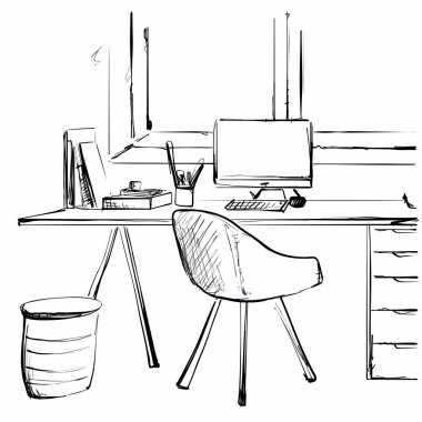 Çalışma alanı ofis Resepsiyon bilgisayar koltuğu bitki saksı. İç kroki