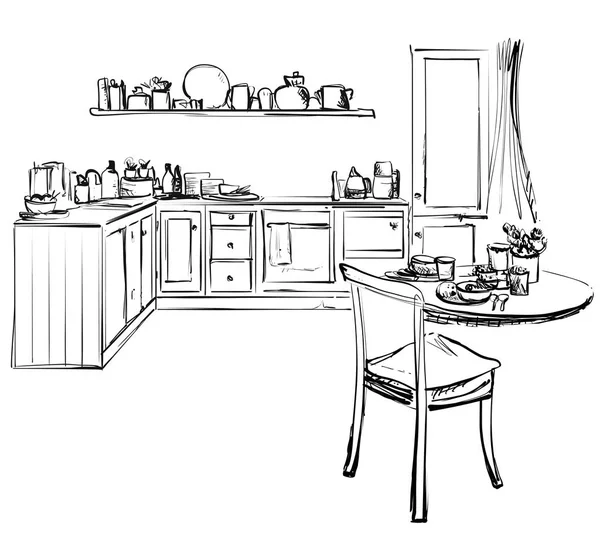Náčrt moderní rohová kuchyně. Černá tužka čáry na bílém pozadí. Jídelní stůl — Stockový vektor