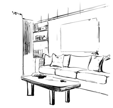 Bir kanepe, yastık, Masa, kitaplık ve resimler ile modern oturma odası iç el çizilmiş kroki. Mobilya