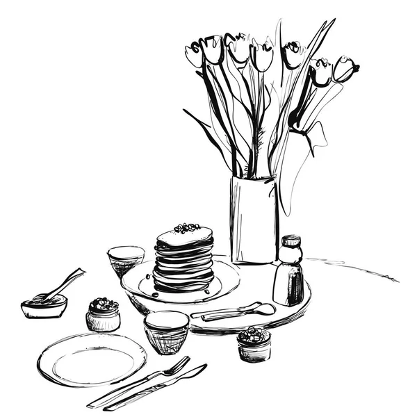 Sketch Doodle Pancakes Illustrazione vettoriale Art. Domenica colazione — Vettoriale Stock