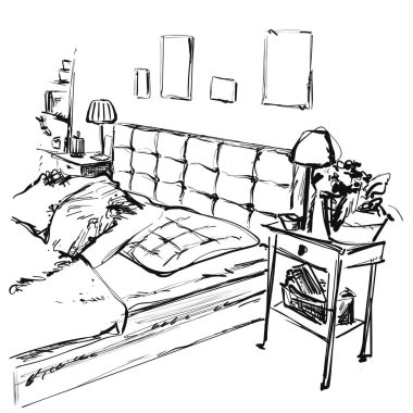 Çift kişilik yatak ve duvarda resimleri ile yatak odası iç tasarımı. Elle çizilmiş çizim.