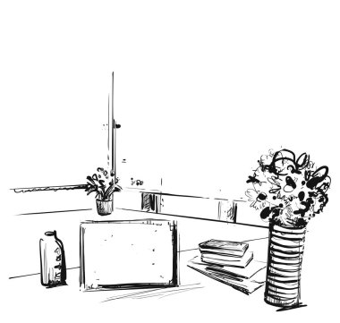 Elle çizilmiş modern işyeri. Sandalye ve bilgisayar krokisi