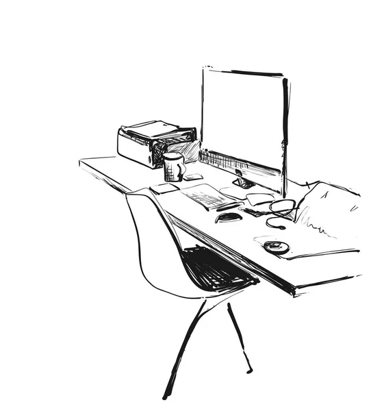手描きの現代の職場。椅子とコンピュータスケッチ — ストックベクタ
