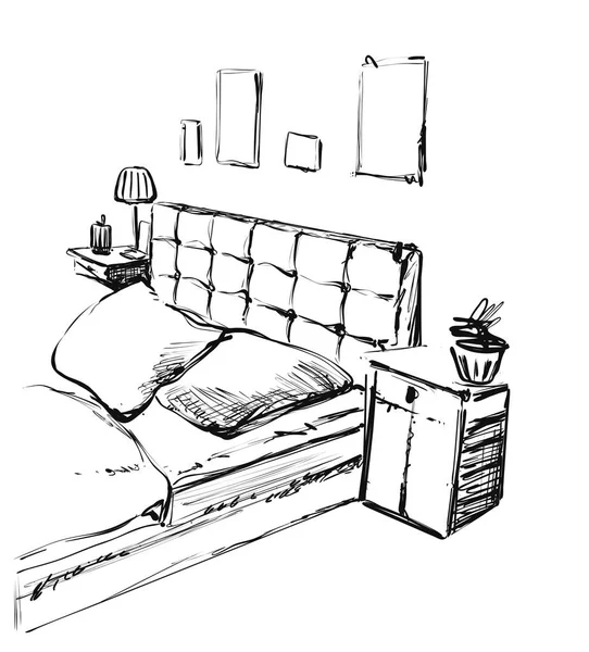 Design intérieur de la chambre avec lit double et des photos sur le mur. Dessin à la main . — Image vectorielle