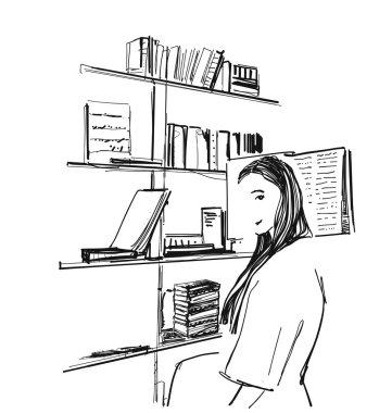 Kütüphanedeki kız. Kitap rafları çizimi. Tek renkli çizimler