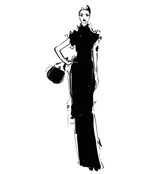 Femme dans une longue robe noire avec sac à main. Illustrations de mode croquis — Image vectorielle