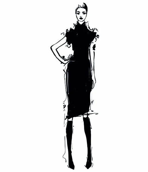 Frau im schwarzen Kleid. Mode-Illustrationen Skizze — Stockvektor