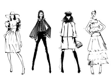 Moda modelleri siluetleri kroki el çizilmiş, vektör illüstrasyon. Zerafet. Monokrom. Elbise kız