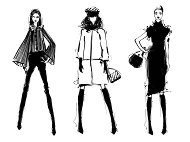 Moda modelleri siluetleri kroki el çizilmiş, vektör illüstrasyon. Zerafet. Monokrom. Siyah elbiseli kız