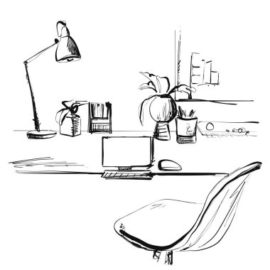 Ofis sandalyesi ve dizüstü bilgisayarlı bir masa. skeç biçimi