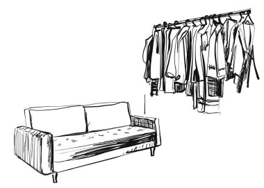 Moda mağazasının el çizimi iç tasarım. Vektör çizimi. Dolap