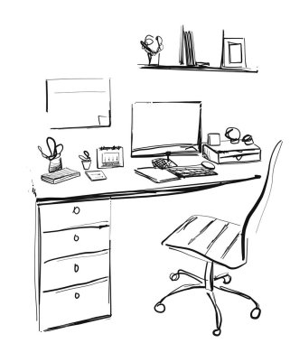 Çalışma alanı ofis Resepsiyon bilgisayar koltuğu bitki saksı. İç kroki