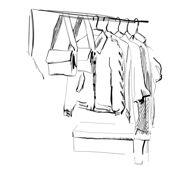 Kleding schets. Kleding aan de hangers. Jas en jurk — Stockvector