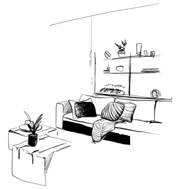 El çizimi iç taslak. Oturma odası. Ev