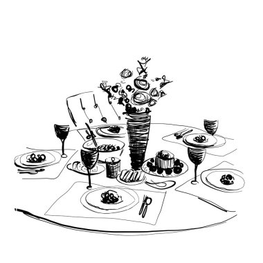 Romantik bir masanın vektör çizimi. Yemek ve içecek skeci.