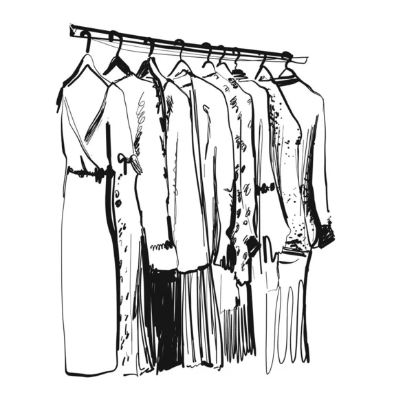 Kleding schets. Kleding aan de hangers. Handgetekende jurk — Stockvector