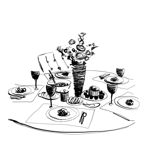 Illustration vectorielle d'une table romantique. Croquis des aliments et boissons — Image vectorielle