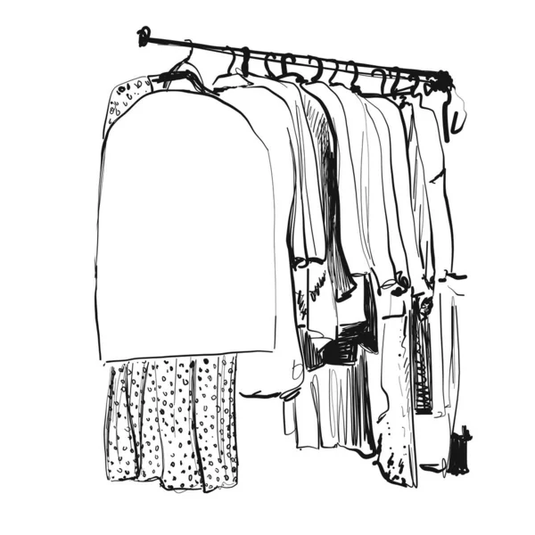 Garderobsskiss. Kläder på hängarna. Handritad klänning — Stock vektor