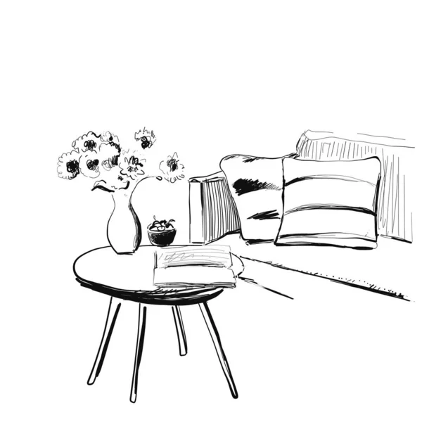 Interior do quarto desenhado à mão. Sofá e mesa esboço . — Vetor de Stock