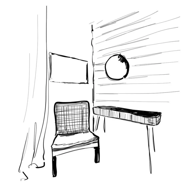 Lugar para leer con boceto de silla. Bosquejo interior de la habitación. Relájate. — Vector de stock