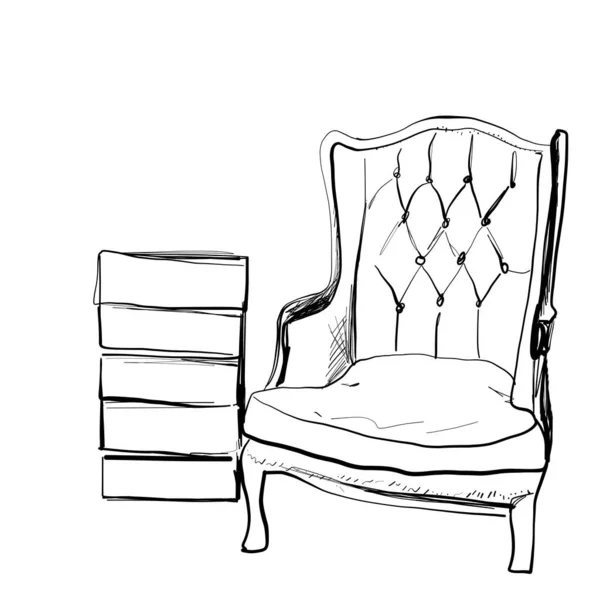 Lieu de lecture avec croquis de chaise. Intérieur. Meubles — Image vectorielle