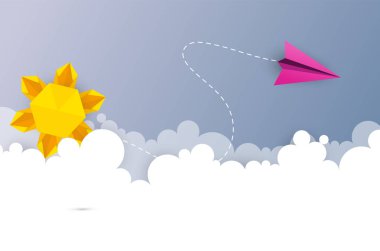 origami cennet, gökyüzü kağıt bulutlar ve güneş üzerinde uçan uçak Illustration. Kağıt Sanat ve dijital el sanatları stil tasarım. 