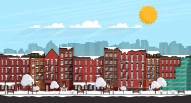 Vektör sanat şehir sahne donmuş. bir kar fırtınası sırasında Brooklyn'de karla kaplı sokak