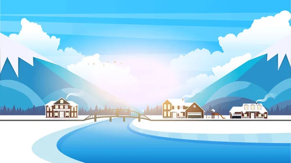 Winter Landscape Mountains Small Town Flat Style Illustration — Stock Vector