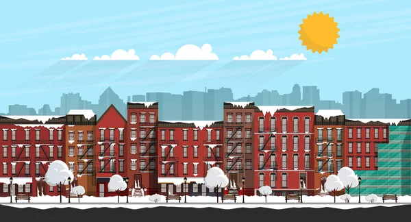 Vector Art Frozen City Scene Strada Innevata Brooklyn Durante Una — Vettoriale Stock