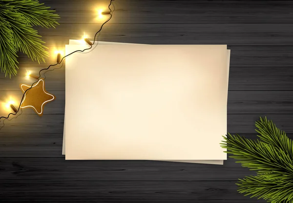 ベクトル イラスト黒素朴な木製ボード紙と黄金色のクリスマス ライトとあなたのテキストのための空間で 空白の背景 — ストックベクタ