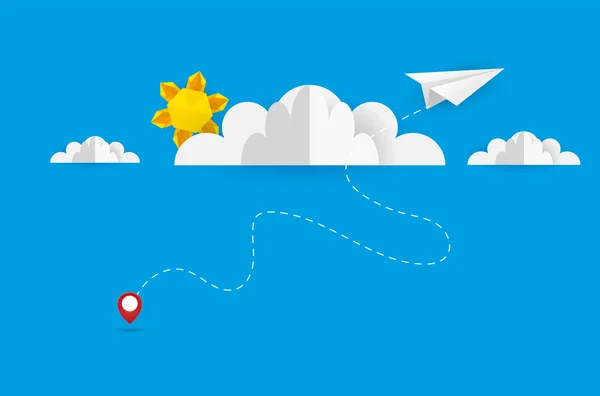Ilustração Origami Cloudscape Avião Voando Céu Com Nuvens Papel Sol —  Vetores de Stock