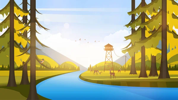 Vector Beautiful Flat Illustration Style Landscape in Spring/Summer. River Mountains and Trees.